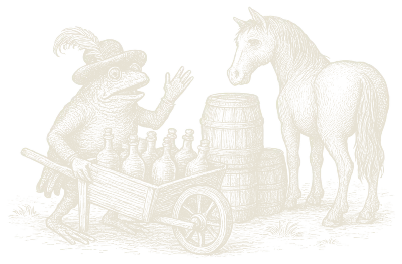 An engraving of a toad in a feathered hat selling bottles from a wheelbarrow to a bored horse