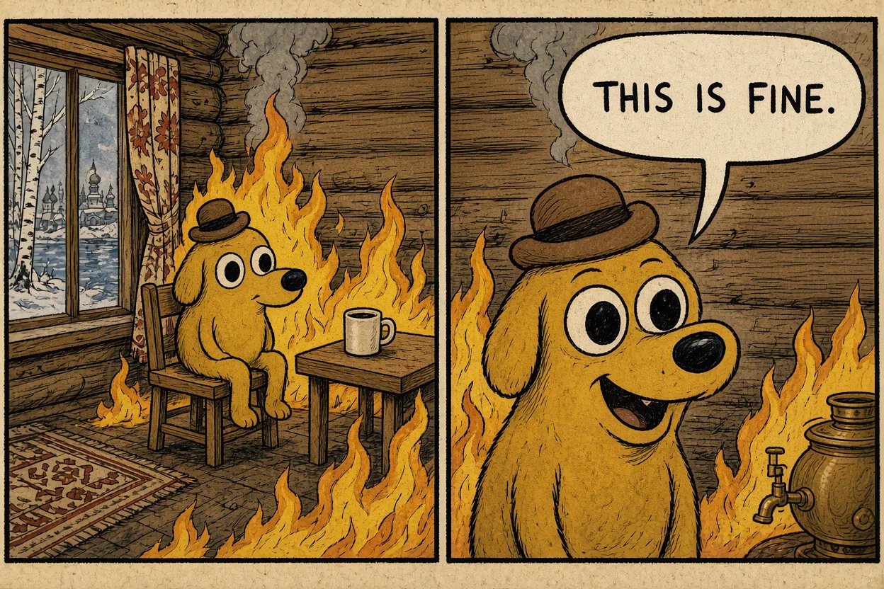 A cartoon dog in a log cabin full of flames, a mug of tea on the table, saying: this is fine