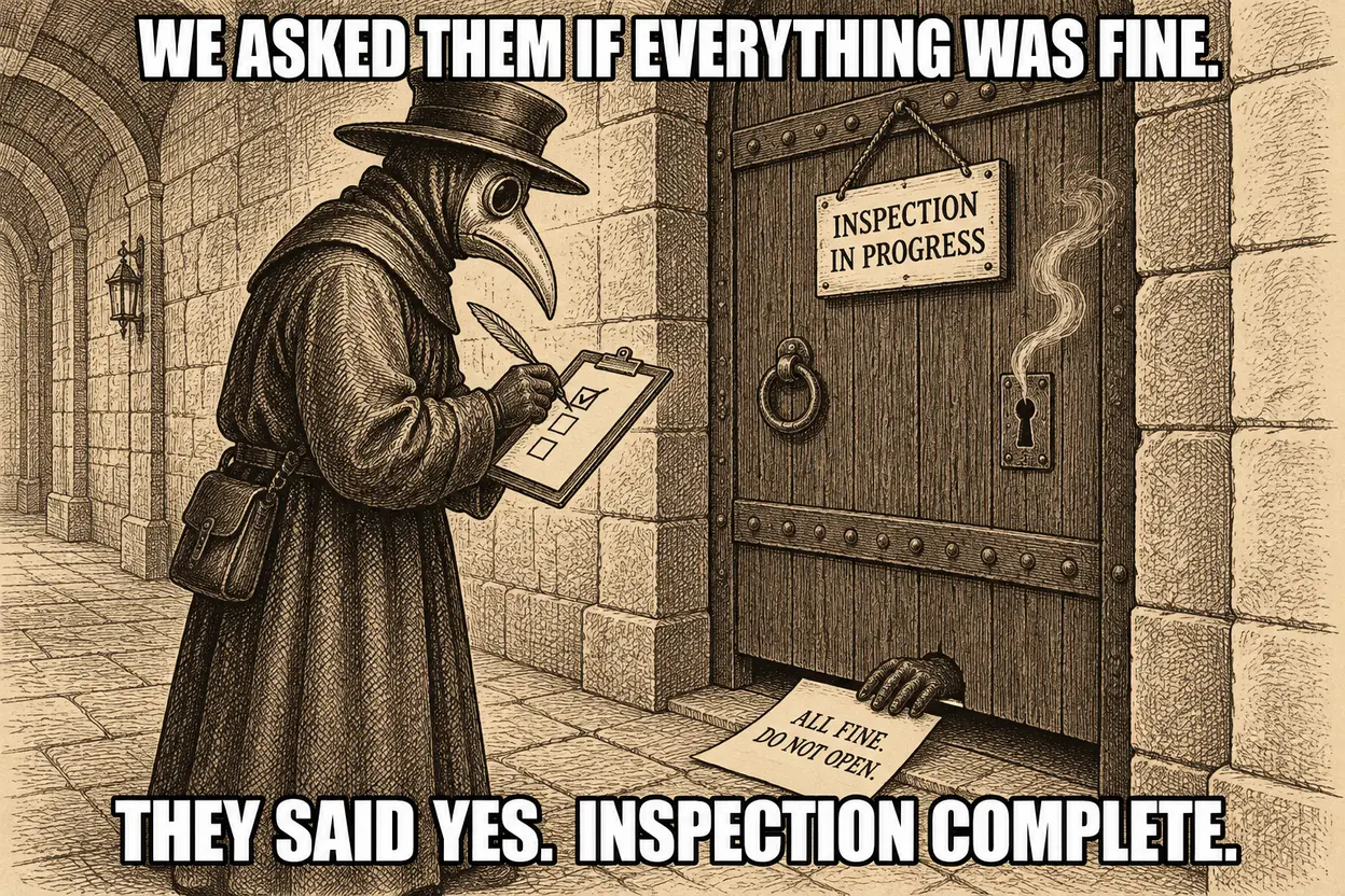 An old engraving of a plague doctor ticking a box on a clipboard outside a closed laboratory door, while a hand slides a note from under it that says: all fine, do not open. Caption: we asked them if everything was fine. They said yes. Inspection complete.
